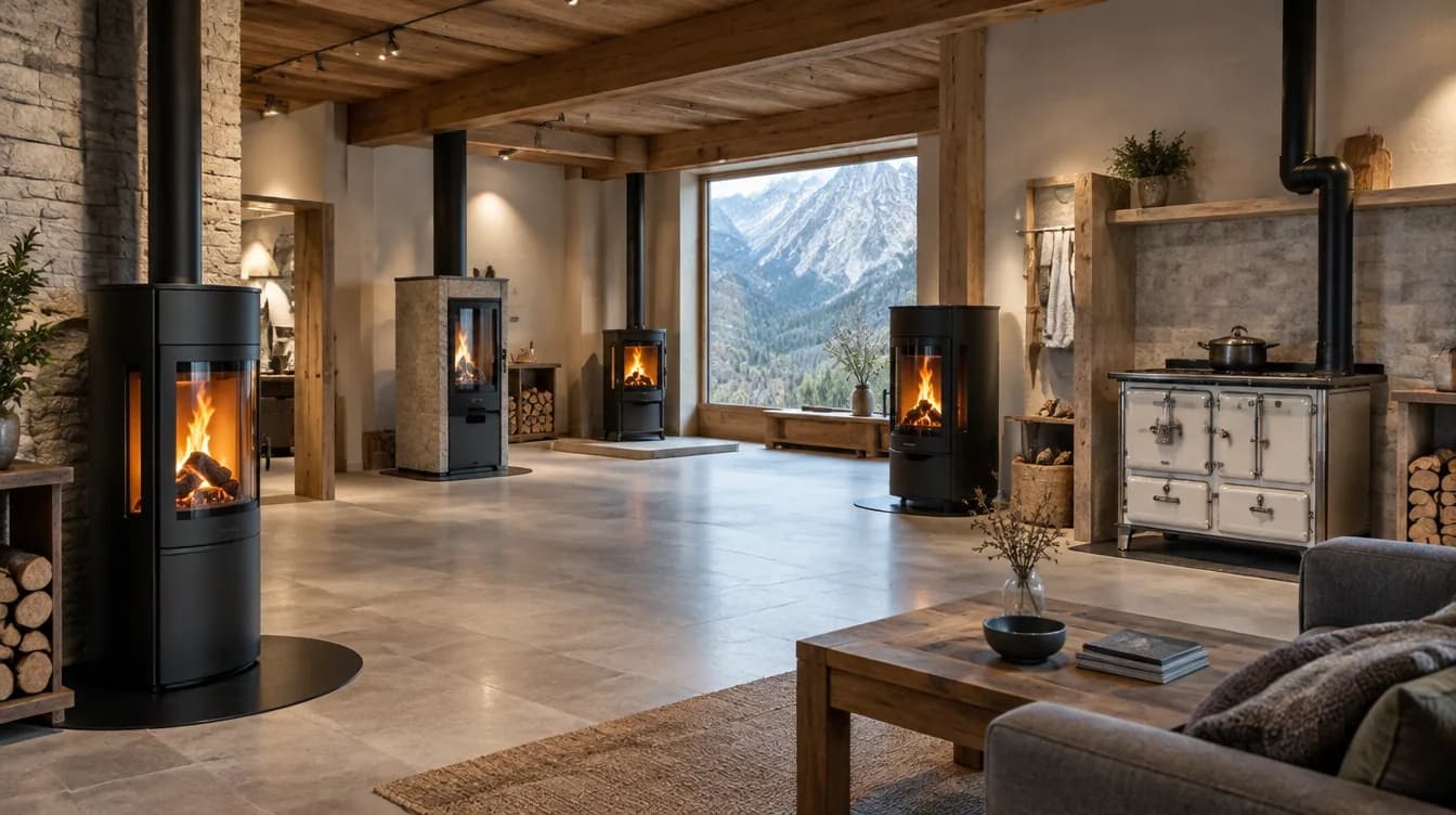Esposizione di stufe a legna in ambiente alpino, immagine illustrativa
